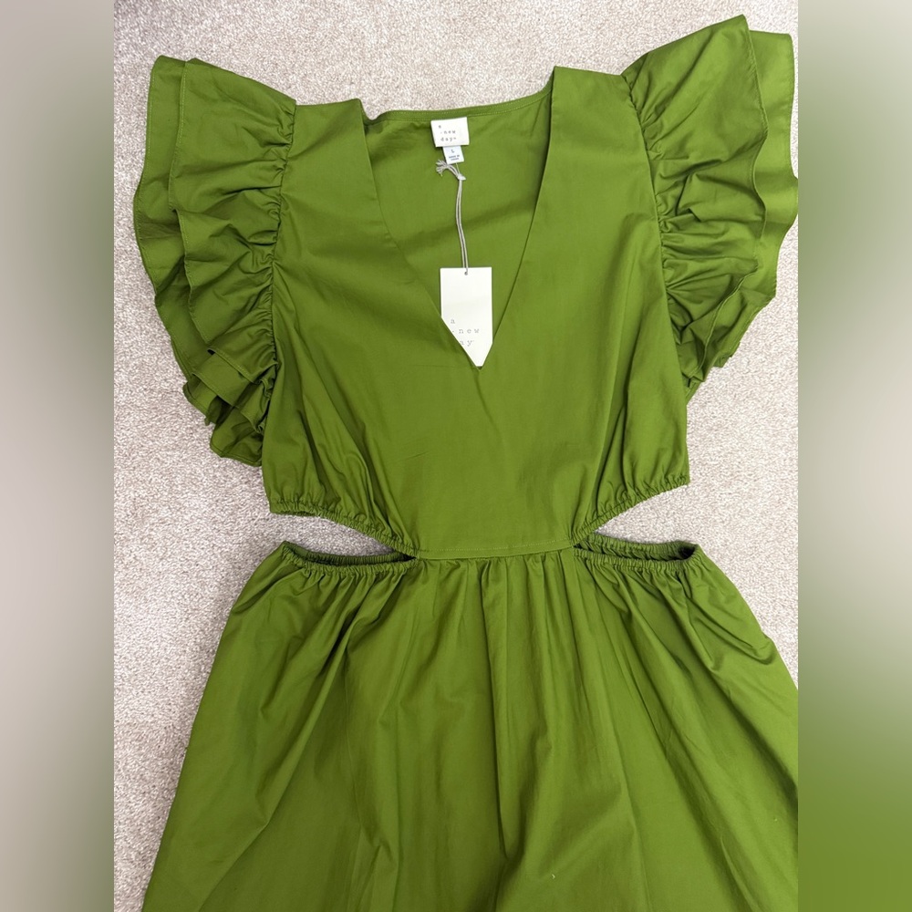 A New Day Olive Midi Dress with Ruffle Sleeves and Cut Outs size Large NWT - Picture 4 of 13
